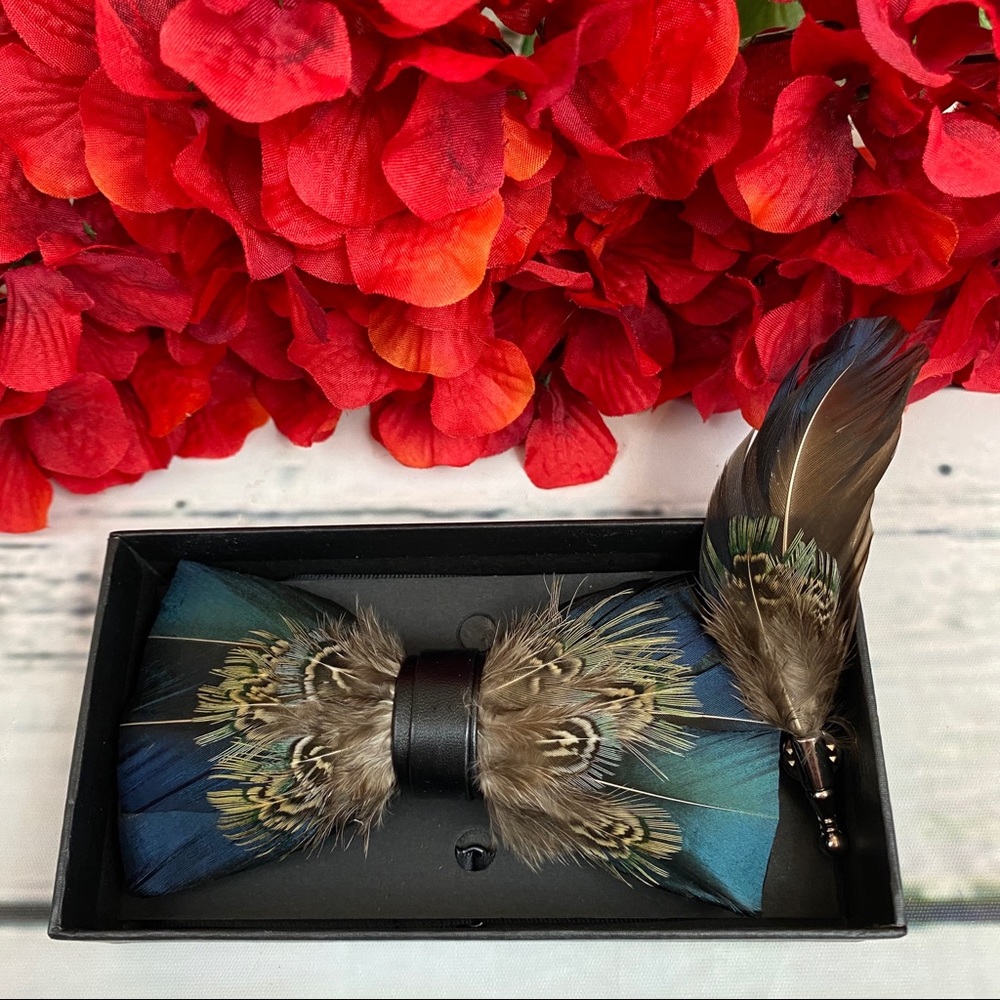 Handmade Blue & Brown Feather Bow Tie Boutonnière Lapel Pin Set - Picture 3 of 11